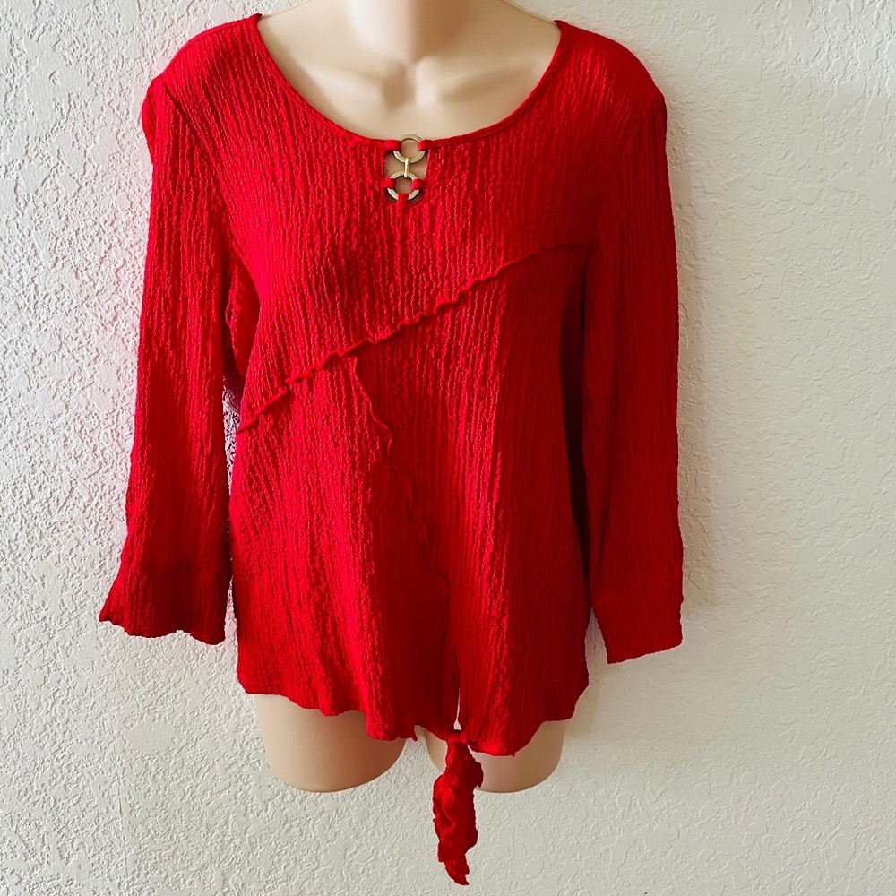 Alfred Dunner Festive Red/Gold Decoration 3/4 Sleeve Tie Front Top Size Small